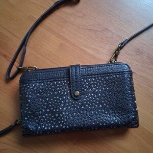 The Sak Elegant Black Leather Perforated Crossbody Phone Purse Clutch